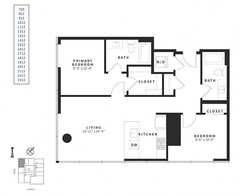 Floor plan for 2 beds, 2 baths, 897 sqft